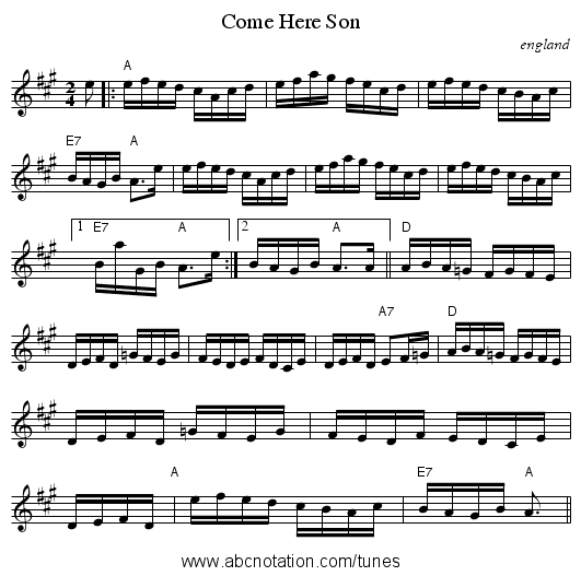 Come Here Son - staff notation