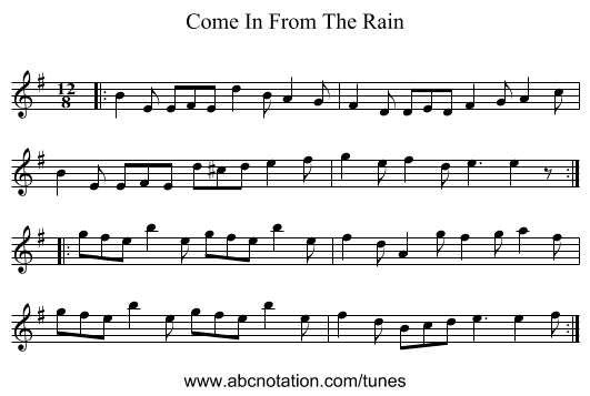 Come In From The Rain - staff notation