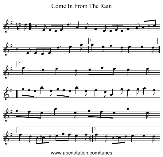 Come In From The Rain - staff notation