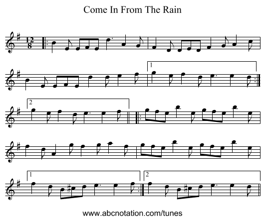 Come In From The Rain - staff notation