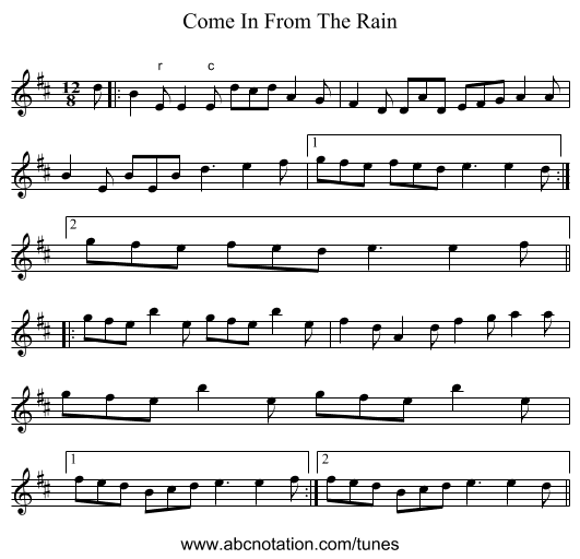 Come In From The Rain - staff notation
