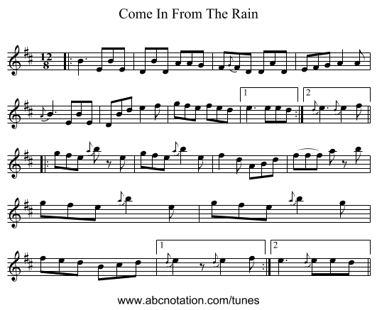 Come In From The Rain - staff notation