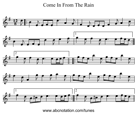 Come In From The Rain - staff notation
