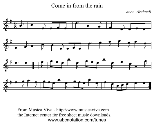 Come in from the rain - staff notation