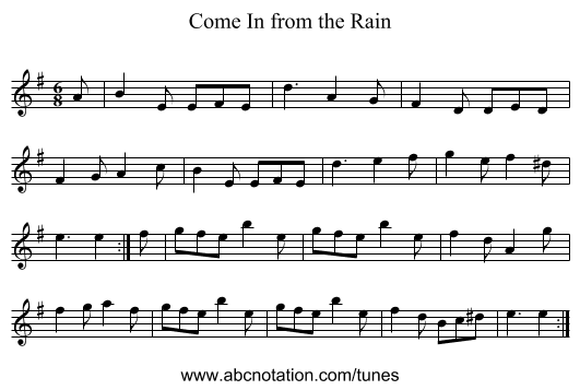 Come In from the Rain - staff notation