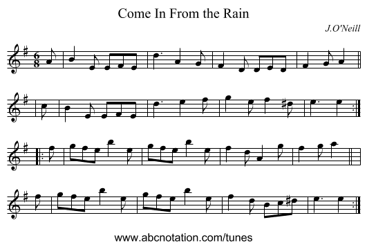 Come In From the Rain - staff notation