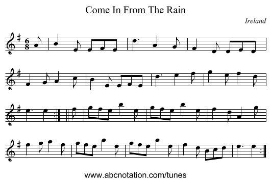 Come In From The Rain - staff notation