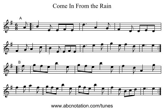 Come In From the Rain - staff notation