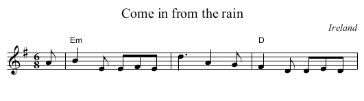 Come in from the rain - staff notation