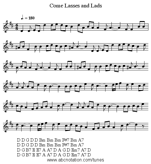 Come Lasses and Lads - staff notation