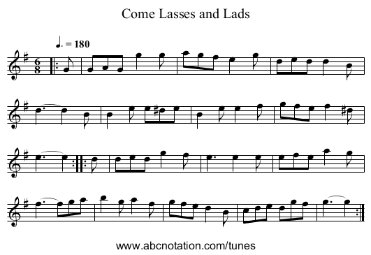 Come Lasses and Lads - staff notation