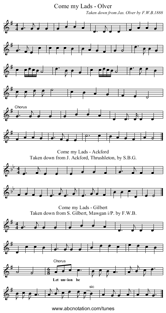 Come my Lads - Olver - staff notation