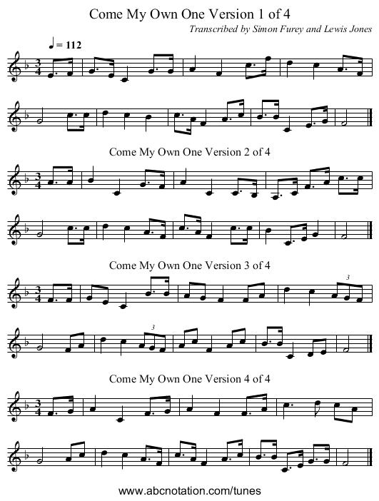 Come My Own One Version 1 of 4 - staff notation