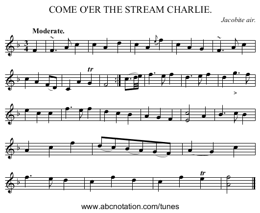 COME O'ER THE STREAM CHARLIE. - staff notation
