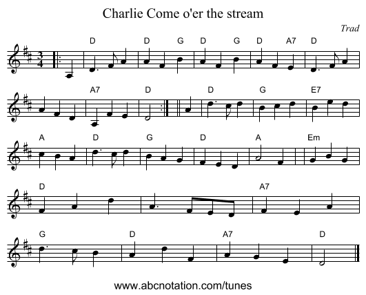 Come o'er the stream, Charlie - staff notation