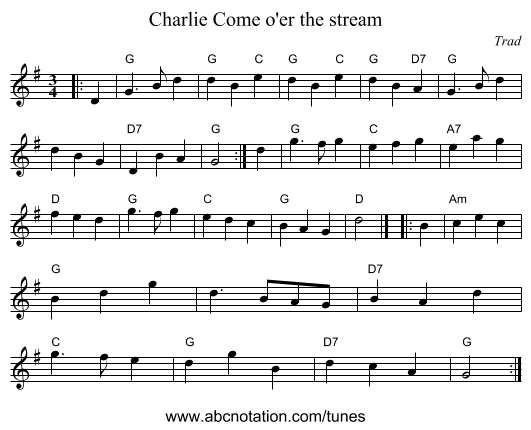 Come o'er the stream, Charlie - staff notation