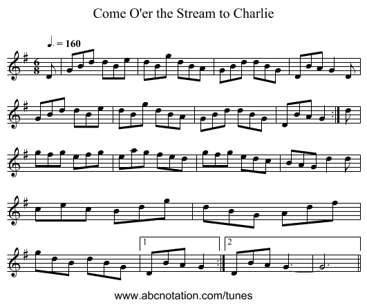 Come O'er the Stream to Charlie - staff notation