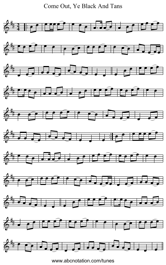 Come Out, Ye Black And Tans - staff notation