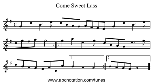 Come Sweet Lass - staff notation