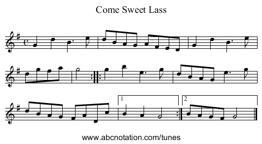 Come Sweet Lass - staff notation