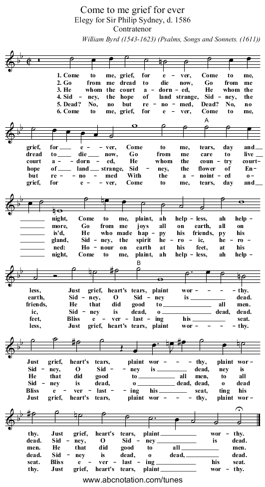 Come to me grief for ever - staff notation