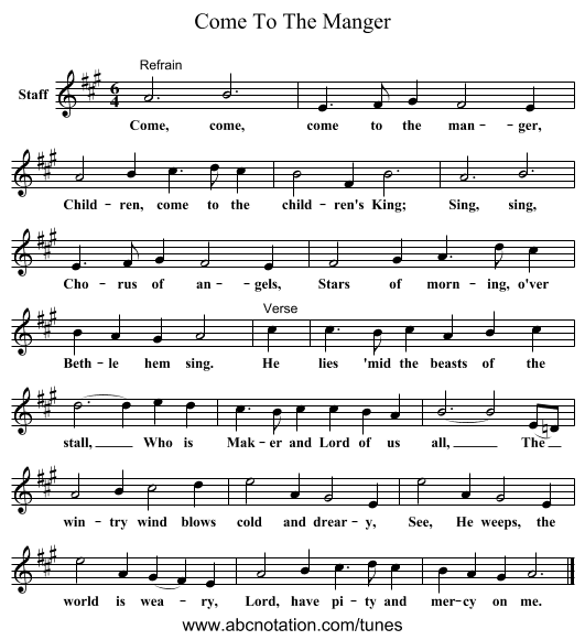 Come To The Manger - staff notation