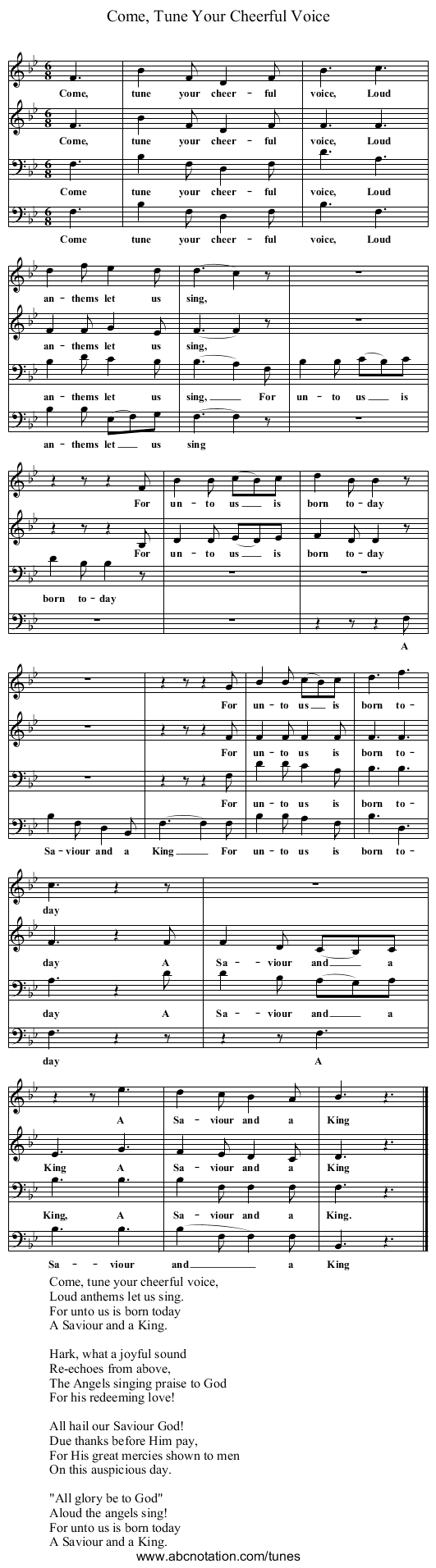 Come, Tune Your Cheerful Voice - staff notation