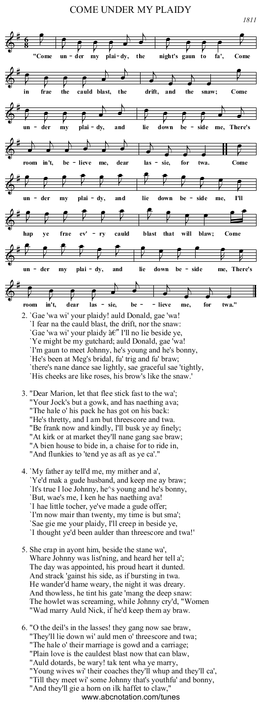 COME UNDER MY PLAIDY - staff notation