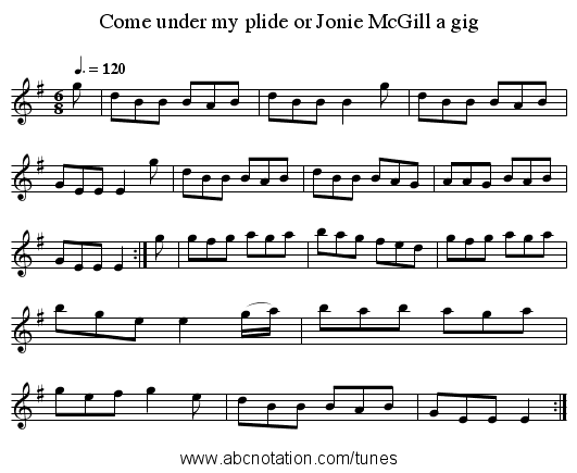 Come under my plide or Jonie McGill a gig - staff notation