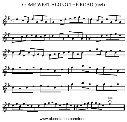 COME WEST ALONG THE ROAD (reel) - staff notation