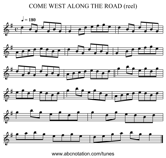 COME WEST ALONG THE ROAD (reel) - staff notation