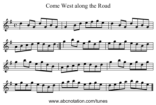 Come West along the Road - staff notation