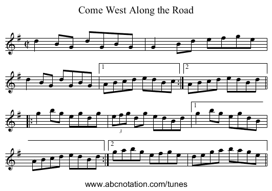 Come West Along the Road - staff notation