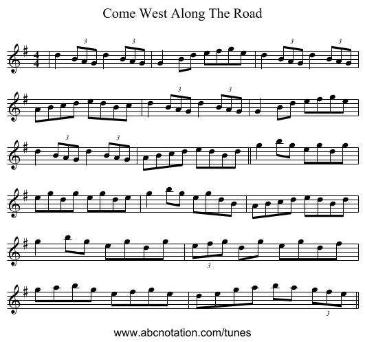 Come West Along The Road - staff notation