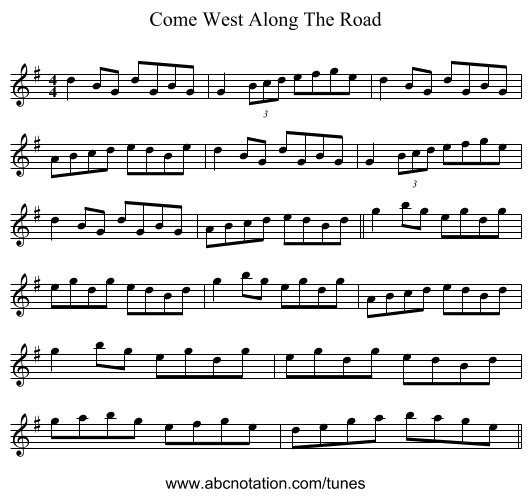 Come West Along The Road - staff notation