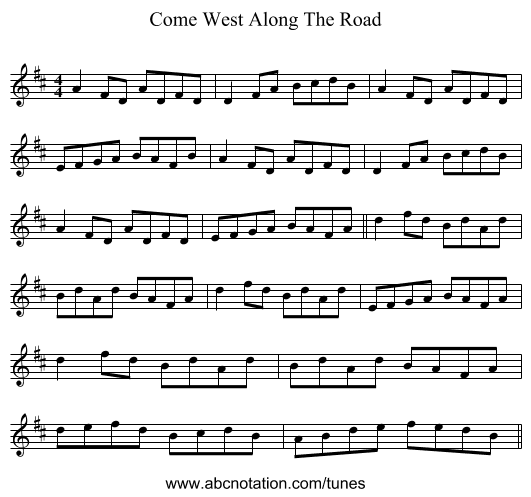 Come West Along The Road - staff notation