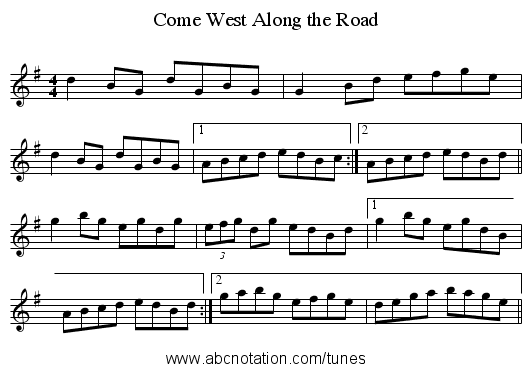 Come West Along the Road - staff notation