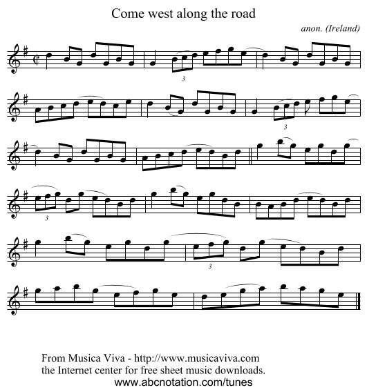 Come west along the road - staff notation