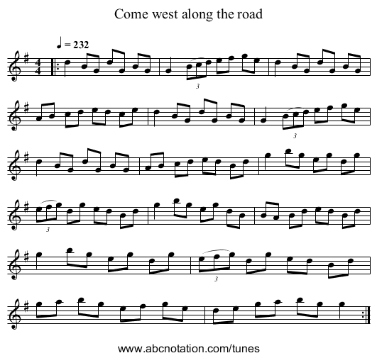 Come west along the road - staff notation