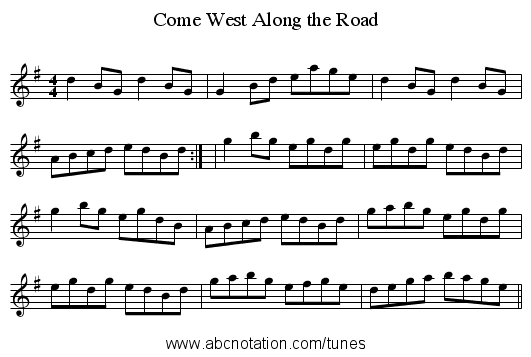 Come West Along the Road - staff notation