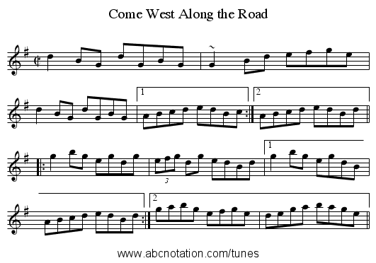 Come West Along the Road - staff notation