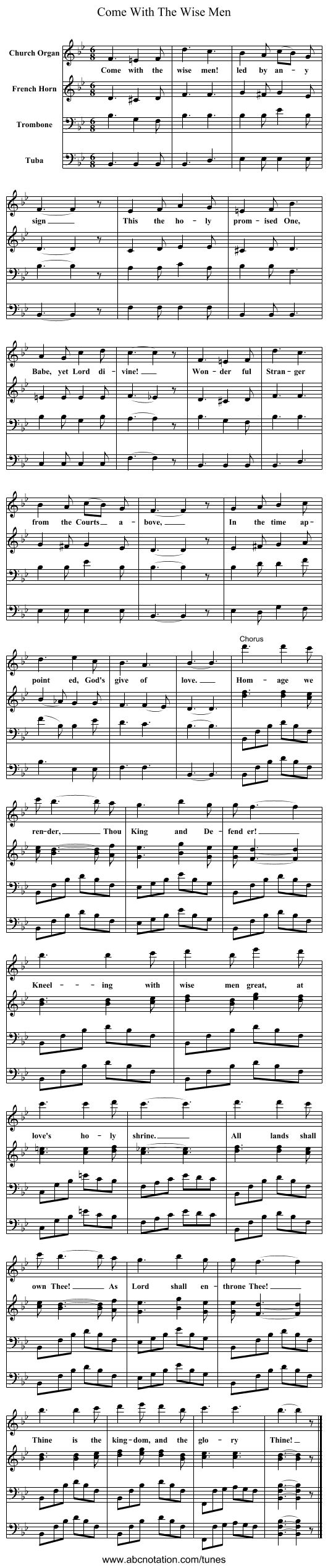 Come With The Wise Men - staff notation