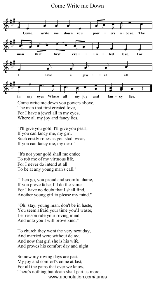 Come Write me Down - staff notation