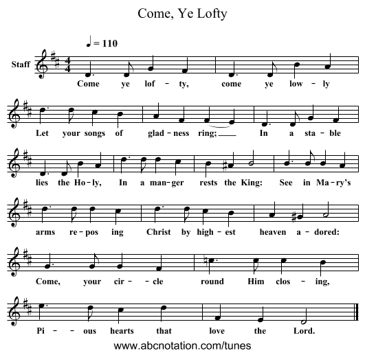 Come, Ye Lofty - staff notation