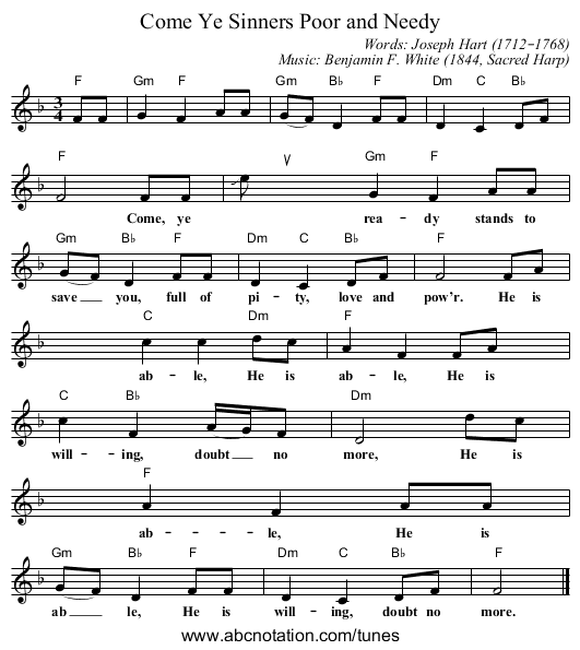 Come Ye Sinners Poor and Needy - staff notation
