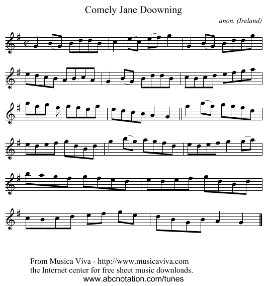 Comely Jane Doowning - staff notation