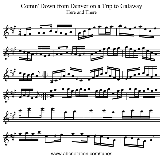 Comin' Down from Denver on a Trip to Galaway - staff notation