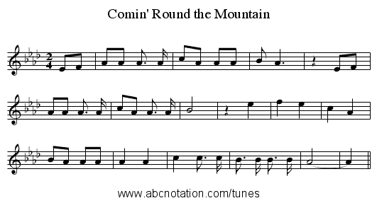 Comin' Round the Mountain - staff notation