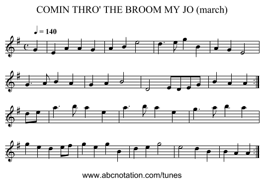 COMIN THRO' THE BROOM MY JO (march) - staff notation