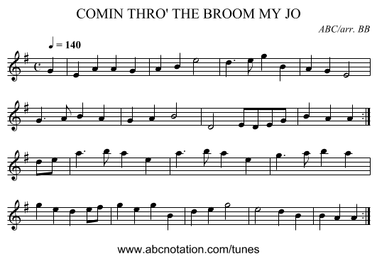 COMIN THRO' THE BROOM MY JO - staff notation